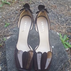 Brown suede & patent leather heels